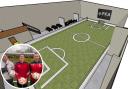 Plans for the indoor football facility with the trio of coaches, Jamie, Ian and Tom pictured
