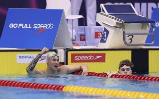 Harry Stewart celebrates a win in the Multi class 100 breaststroke final at the mixed Nationals Championships and Olympic / ParaOlympic trials in London at the start of April