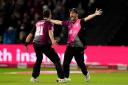 Somerset's Lewis Gregory, right, celebrates with Matt Henry after winning the T20 Blast