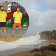 Lifeguards Tristan Brookes and Tim Banbury. Main picture from Simon Elliott shows big waves at Burton Bradstock during Storm Ellen