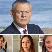 Top, Martin Clunes and, below, young musicians due to perform in the Dorchester concert
