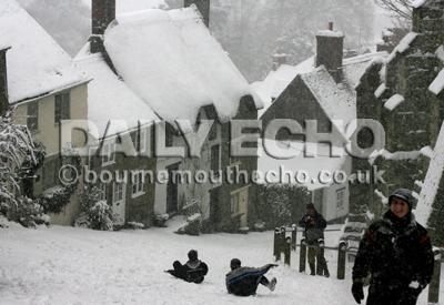 Snow in Shaftesbury- sledging  on Gold Hill.