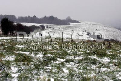 The wintery scene across the Fontmell Valley from the Higher Shaftesbury Road on Tuesday morning.