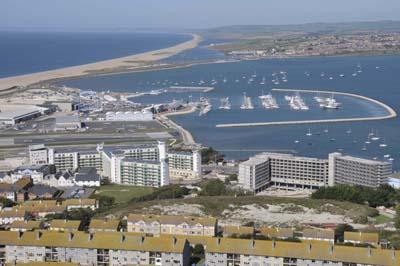 View from the Verne, looking west across Weymouth & Portland National Sailing Academy at Osprey Quay and The Fleet.  