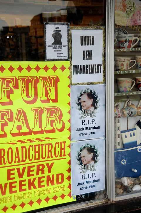 Broadchurch related posters in the window of the newsagents in West Bay 