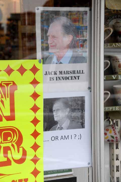 Jack Marshall is innocent posters going up in the window of the newsagents in West Bay 