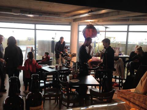The Broadchurch film crew at the Ellipse Caffe at West Bay.