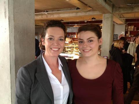 Broadchurch star Olivia Colman with Ellipse Caffe staff member Pippa Horton during filming in West Bay