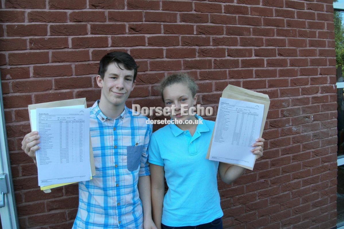 GCSE results August 22, 2013.
Sir John Colfox School, Bridport
Photo: Anne Bell

Ryan Pearson and Emily Donovan. happy with their results.