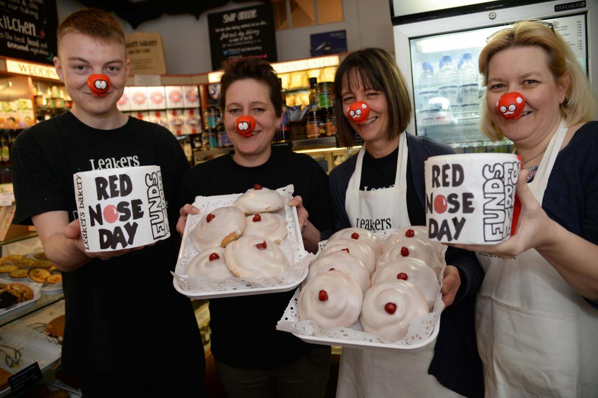 Staff at Leakers Bakery, Bridport selling buns for Red Nose Day 2015. From left, Harry Stickley, Jo Dobbs, Claire Stewart and Lindsay Probets.