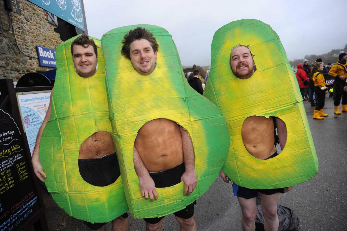 Angus Johnston, Guy Hodgson and Martin Thomas at the Charmouth Christmas Day Swim 2015 Picture: Graham Hunt Photography