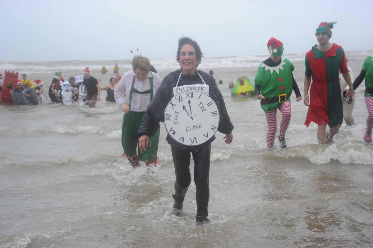 Isabelle Ward – aged 80 years raised more than £640 for The Clock House Appeal at the Christmas Day Swim at Charmouth 2015 Picture: Graham Hunt Photography