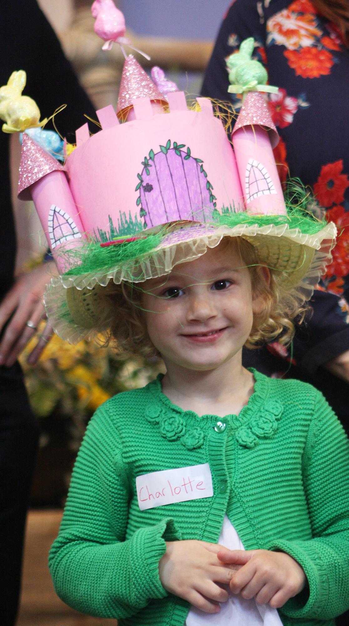 Charlotte in her hat at the Easter bonnet competition Picture: MAISIE HILL