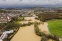 Aerial view of the flooding on the River Simene at Bridport where the Vearse Farm development will be built.
