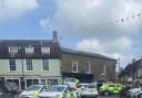 Emergency services at The Square in Beaminster. A car crash took place in nearby Fleet Street