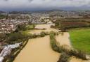 Aerial view of the flooding on the River Simene at Bridport where the Vearse Farm development will be built.