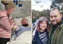Liam with Emily by his side in hospital, and the happy couple together after their engagement at Blue Pool in Wareham