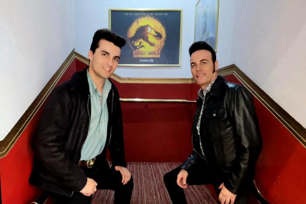 Darren H Presley and Reuben Searle went to watch the premiere of Elvis in costume. Picture: Darren H Presley
