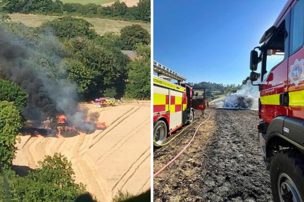 Multiple fire crews were called to the combine harvester which was on fire in a crop field near Lyme Regis