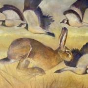 Hare and lapwings in oil by Kate Wyatt