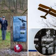 Left: A wreath is layed at the foot of the memorial. Top right: A sopwith camel peforms a flyapast over the woods where Flying Officer Jean De Cloedt lost his life. Bottom right: Flying Officer Jean De Cloedt pictured on the memorial
