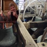 Catriona Fountain, Sara Lawrance and Ian Tanner with the bells at Frampton Church.