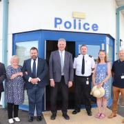 Dorset PCC David Sidwick, centre, with MP Chris  Loder at Lyme Regis police station