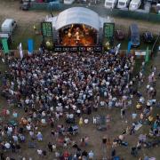 Aerial view of the main stage at Jurassic Fields 2022 at Asker Meadows