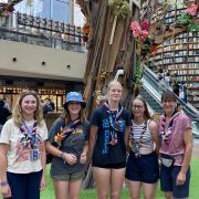 The four Charmouth Explorer Scouts with their leader, Clare Mackenney in Starfield Library in Seoul.