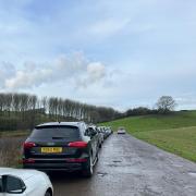 Cars queued along the road leading up to the car park