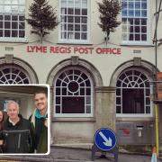 Lyme Regis Post Office building on Broad Street with the directors of Waffle and the two landlords