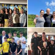 Clockwise from left: The Lyme Lazer reunion, club president Philip Evans pictured with daughters Zoe and Francesca, Committee member Annette Denning with youth teams and ex-professional footballer Lawrie Sanchez with youth team members