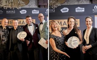 Robert Moretto (centre left) and Tom Robinson (centre right) picking up the front of house award for Tom's Lyme Kitchen | Harriet Mansell (centre) picking up the award for Lilac